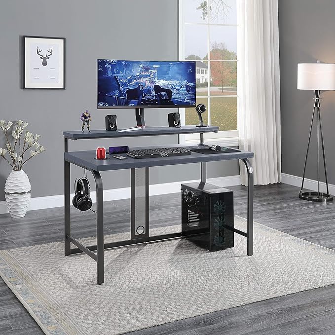 OSP Home Furnishings Reload Gaming Desk with Wireless Charging USB Power Hub and Remote Controlled RGB LED Lights Matte Grey Carbon Fiber