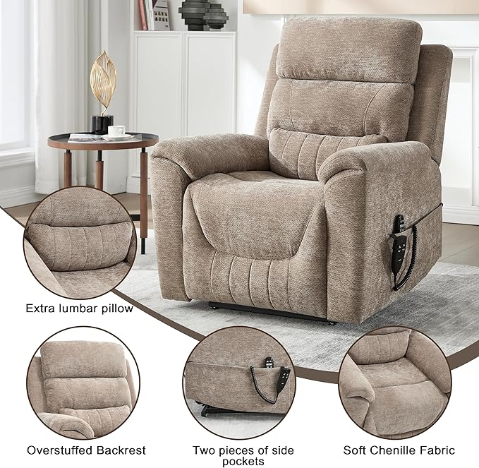 Power Lift Recliner Chair for Elderly People Dual Motor Lay Flat Recliner with Vibration Massage and Heat Heavy Duty Motion Mechanism Standing Assistance Reclining Chair Chenille Fabric Khaki