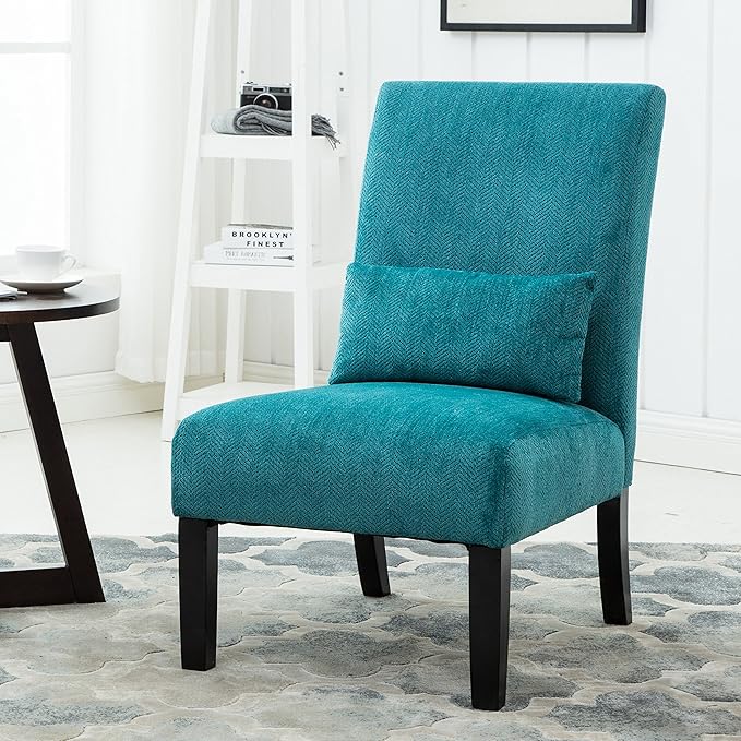 Knocbel Upholstered Accent Armless Chair with Pillow Living Room Fabric Lounge Chair with Solid Wood Frame &amp Legs (Teal Blue w/Pillow)