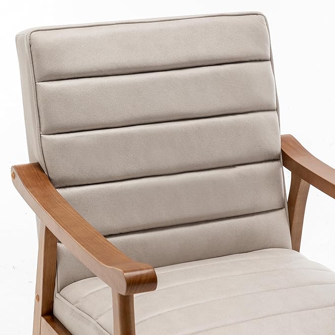 Unique Mid Century Modern Accent Chair with Open-Framed Armchair Design Plush Foam Cushioning and Leather-Look Microfiber Seat and Back Cushions Beige