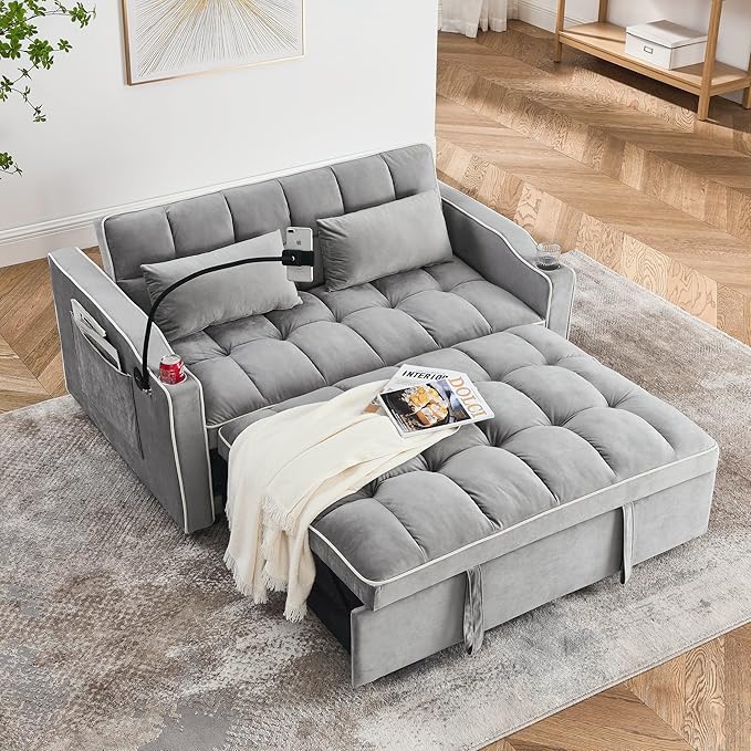 LUMISOL 55.5 Convertible Sleeper Sofa with Pull Out Bed 3-in-1 Loveseat Sofa with USB Ports 2 Cup Holders &amp Storage Pockets Velvet Sleeper Sofa Bed with Adjustable Backrest Grey
