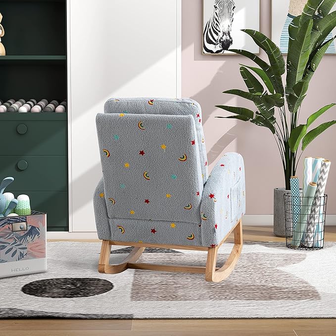 Nursery Chair 26.8 W Modern Rocking Chair for Nursery Mid Century Accent Rocker Armchair with Side Pocket Upholstered High Back Wooden Rocking Chair (Blue Boucle)