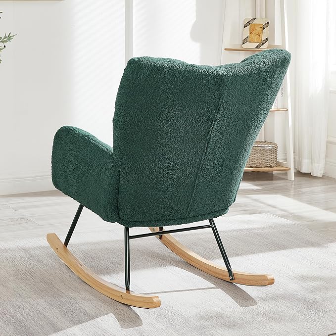 Setawix Upholstered Rocking Chair with Arms for NurseryTufted Rocker Glider ChairsTeddy Fabric Rocking ArmchairMid Century Modern Accent Chairs for Living RoomBedroom (Teddy Green 27.2)