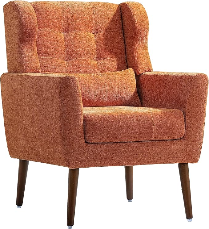 Modern Accent Chair Upholstered Foam Filled Living Room Chairs Comfy Reading Chair Mid Century Modern Chair with Chenille Fabric Lounge Arm Chairs Armchair for Living Room Bedroom (Orange)