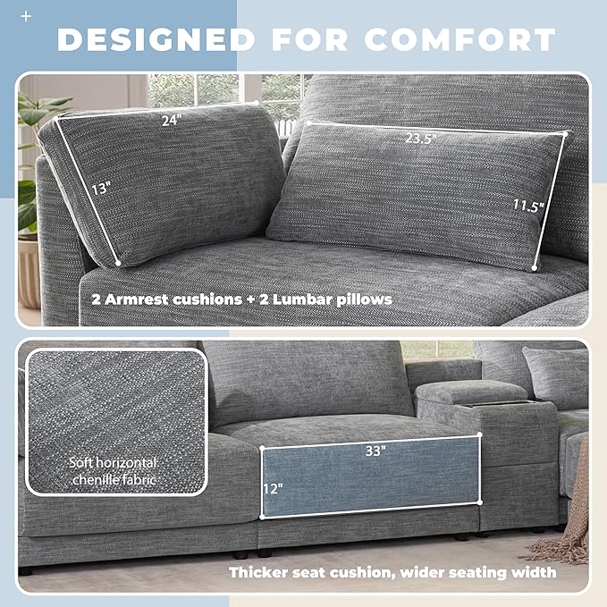 Merax Modern Oversized L-Shaped Sectional Sofa with Ottoman USB Charging Port &amp Storgae Drawers Chenille Reversible Couch Set with 4 Pillows for Living Room Easy Assemble Gray