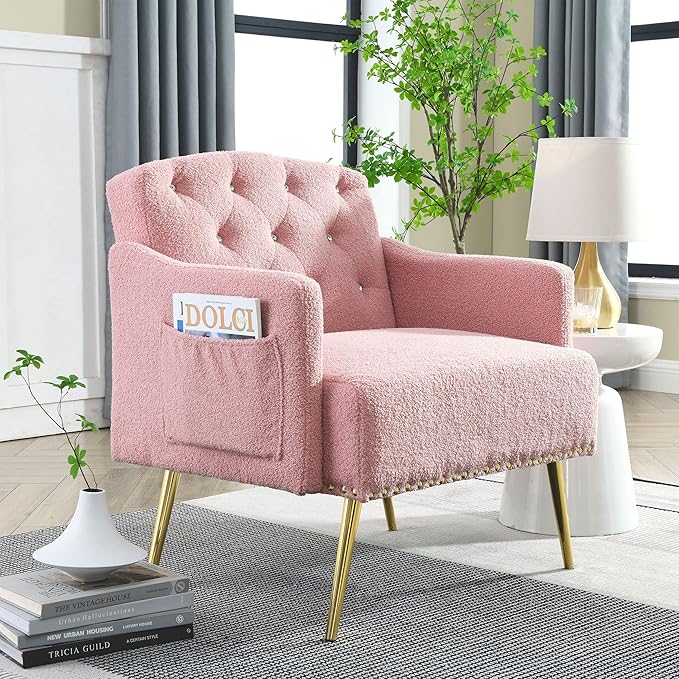 30 W Modern Chesterfield Tufted Upholstered Chair with Deep Buttons Living Room Chair Comfortable Armchair Gold Hardware Legs Tufted Chair for Reading or Relaxing Pink Teddy