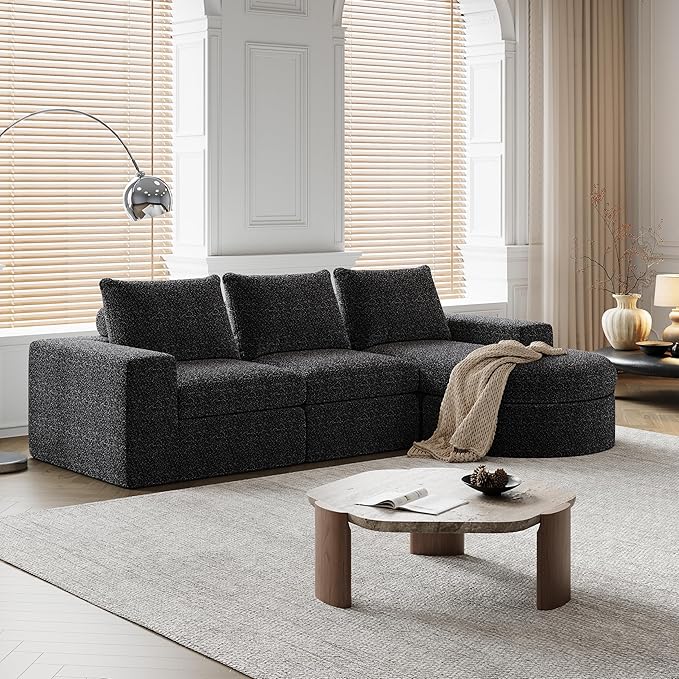 roomfitters 99 Modern Chenille Cloud Curved Sectional Sofa with Chaise L-Shaped Couch for Living Room or Apartment Black