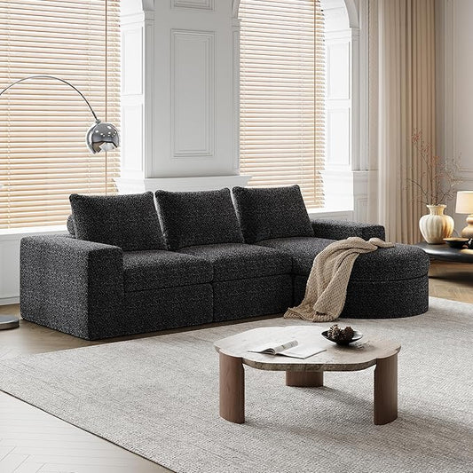 roomfitters 99 Modern Chenille Cloud Curved Sectional Sofa with Chaise L-Shaped Couch for Living Room or Apartment Black