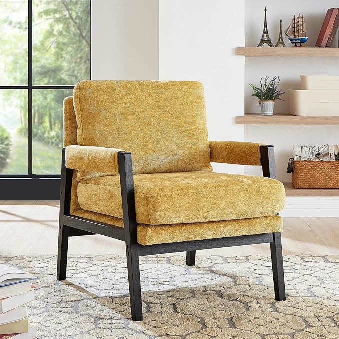 Kelly Mid-Century Modern Chenille Accent Armchair - Yellow | Stylish and Comfortable Reading Chair for Living Room Bedroom | Removable Back Cushion