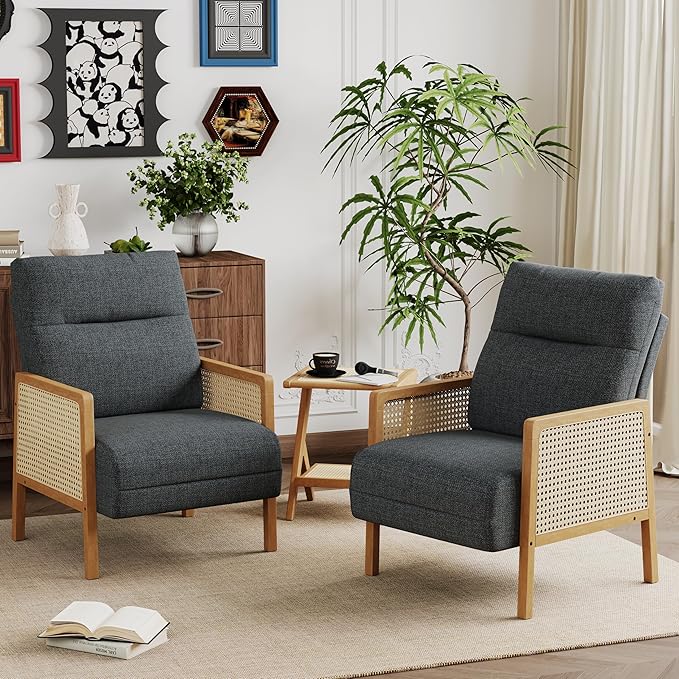 Andeworld Grey Accent Chairs Set of 2Upholstered Modern Living Room Chairs with Natural Rattan Arm Side Chair for Bedroom Club Balcony Reception Room
