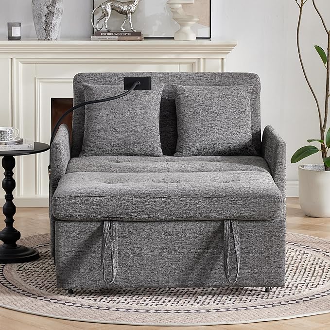 Sleeper Loveseat with USB and Type-C Ports 3 in 1 Convertible Sofa Bed with Phone Holder Pull Out Sofa Bed Loveseat Sleeper Sofa for Living Room Adjustable Backrest Side Pockets Dark Grey