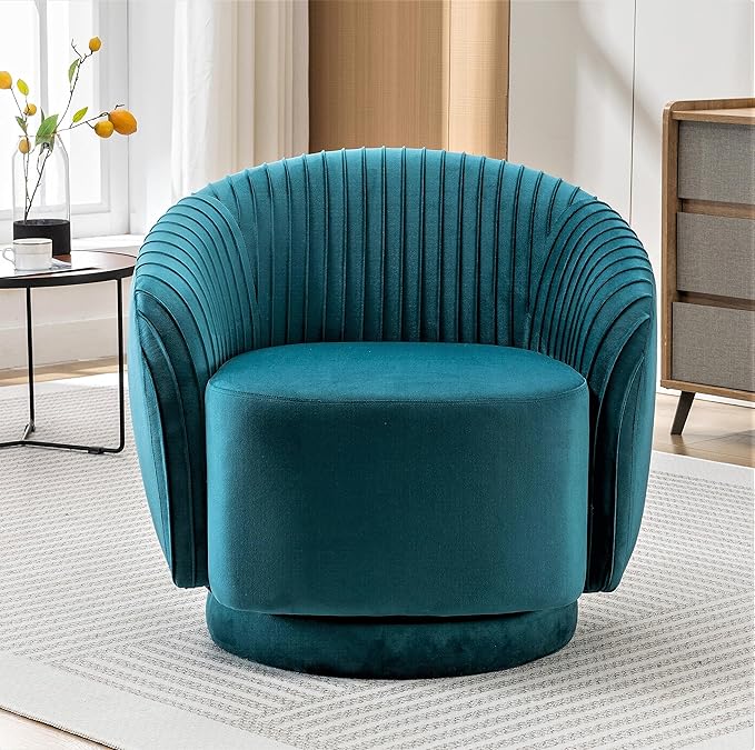 Modern Barrel Swivel Chair with Plush Velvet Upholstery and Smooth 360° Rotation Round Accent One-Seater Sofa for Living Room Bedroom and Office Greenish Blue