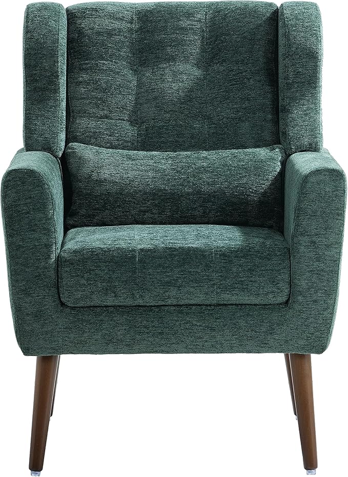 Modern Accent Chair Upholstered Foam Filled Living Room Chairs Comfy Reading Chair Mid Century Modern Chair with Chenille Fabric Lounge Arm Chairs Armchair for Living Room Bedroom (Blackish Green)