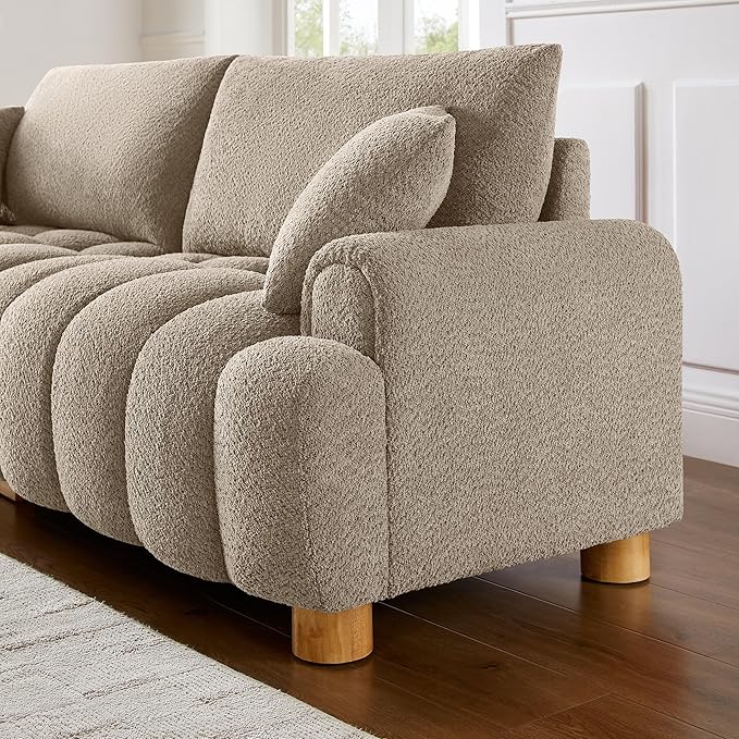 VANOMi Boucle Sofa Couch 91 Comfy Tufted Upholstered Cloud Couches Modern 3 Seater Sofa with Pillows Oversized Deep Seat Sherpa Couch for Living Room Bedroom Apartment (Camel Color)