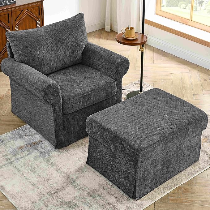 Living Room Chairs with Ottoman Small Accent Chair for Bedroom Single Sofa Couch with Chenille Fabric for Apartment and Small Places (Dark Grey)