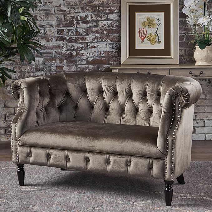 Christopher Knight Home Milani Tufted Scroll Arm Velvet Loveseat Grey / Dark Brown