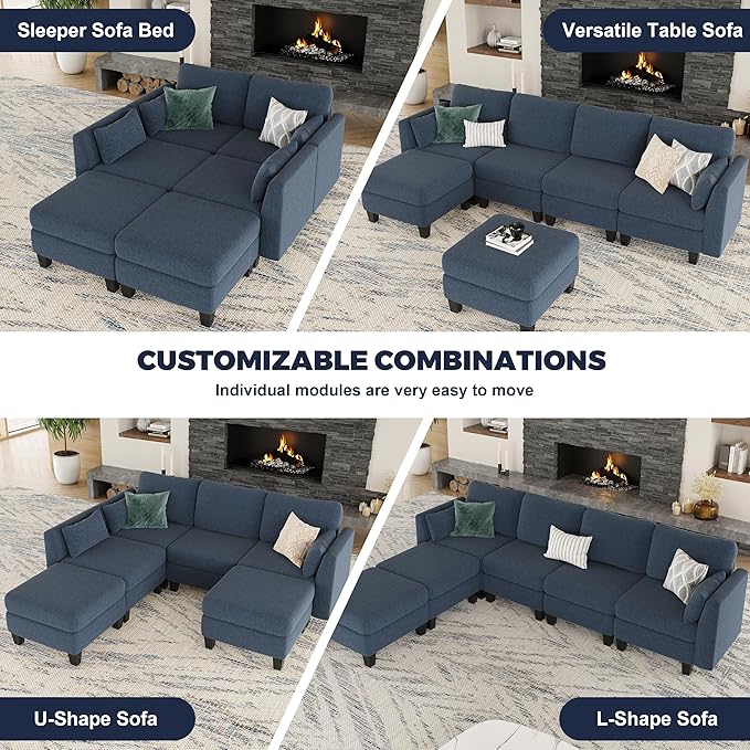 Modular Sectional Sofa 6 Seaters Modular Sleeper Sofa Couch Comfy Sectionals Couches Bed Convertible Sofas with Ottomans Sectional Couches for Living Room Blue