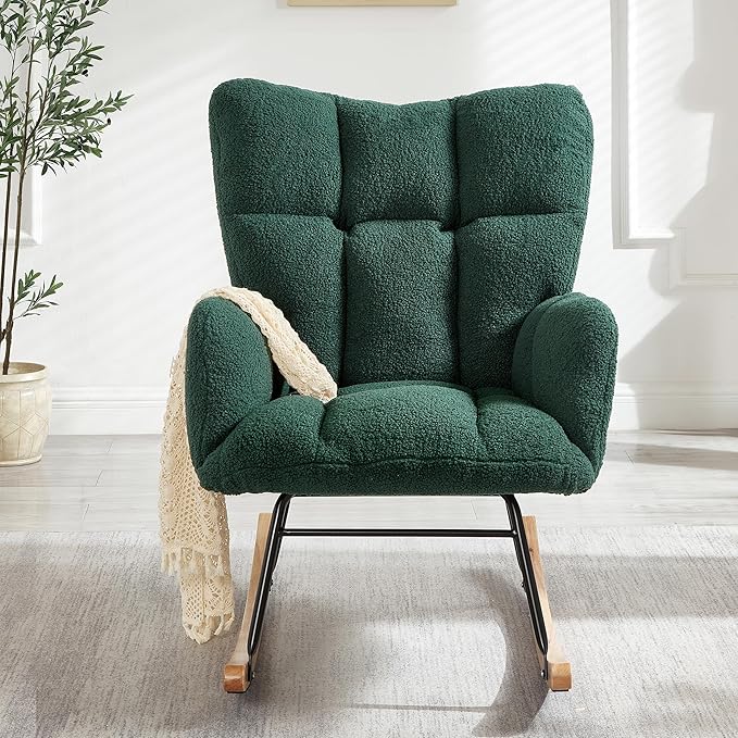Setawix Upholstered Rocking Chair with Arms for NurseryTufted Rocker Glider ChairsTeddy Fabric Rocking ArmchairMid Century Modern Accent Chairs for Living RoomBedroom (Teddy Green 27.2)