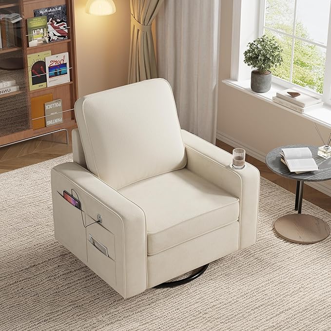 Swivel Square Accent Chair with Wide Armrests360° Rotating Comfy Single Sofa Chairs with USB/Type-CCup Holder &amp Side PocketModern Armchair for Living Room Bedroom Reading Lounge NookBeige Whit