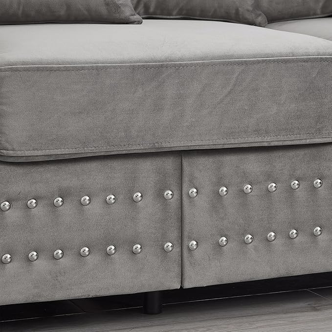 84.5 Wide 3-Seater Velvet Sofa with Storage Mid Century Modern Chesterfield Couch Upholstered Love Seat with Deep Seat &amp Retro Trim Gray Velvet Couch for Living Room Office Apartment (Grey)