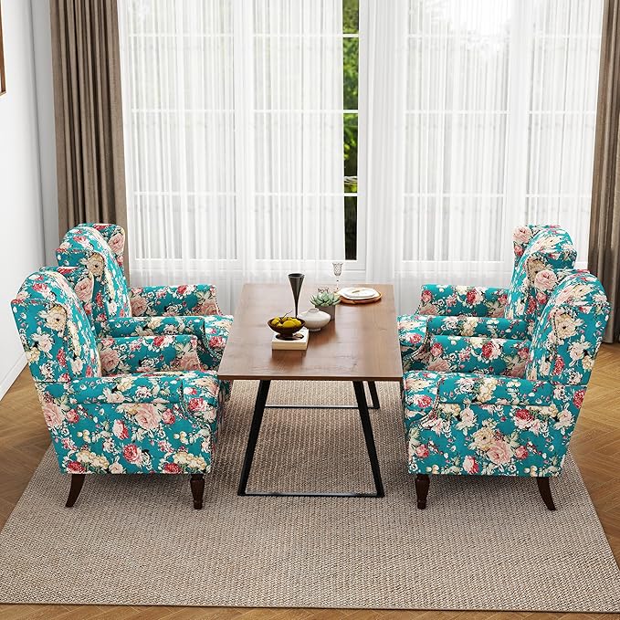 Floral High Back Accent Chair Upholstered Armchair with Solid Wood Legs Comfy Wingback Reading Single Sofa Chair for Small Spaces Living Room Bedroom(Floral Peacock Blue Set of 2)