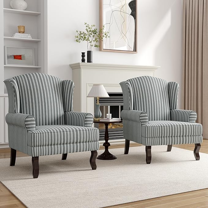 High Back Accent Chairs Set of 2 Comfy Upholstered Fabric Armchair for Living Room Mid Century Modern Club Accent Chair with Solid Wood Legs Single Sofa Reading Chair for Bedroom Gray Stripe