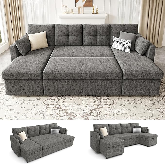 Oversized Sleeper Couch Sofa 110 inch 2 in 1 Pull Out Couch with Double Storage Chaise Sectional Sleeper Sofa Bed with Side Pocket for Living Room Dark Grey