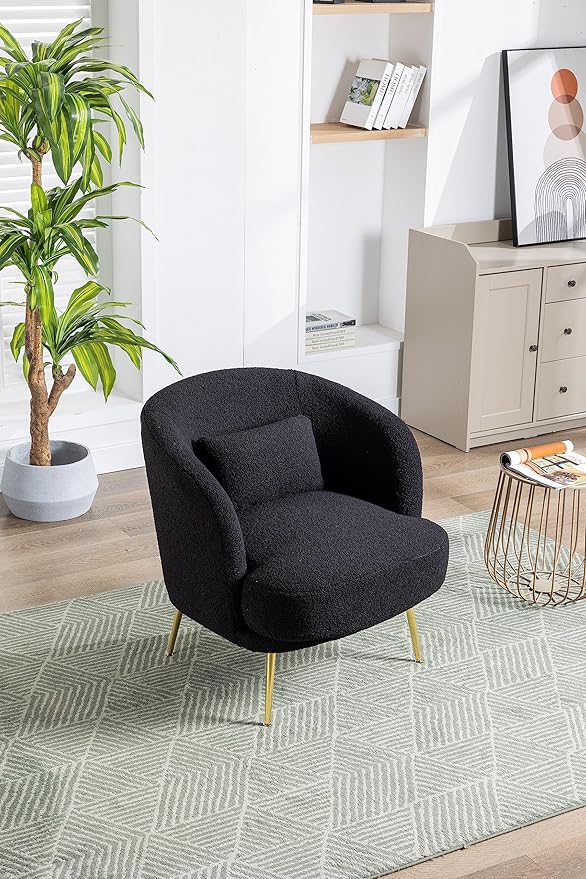 30.32 W Accent Chair Upholstered Curved Backrest Reading Chair Single Sofa Leisure Club Chair with Golden Adjustable Legs for Living Room Bedroom Dorm Room (Black Boucle)