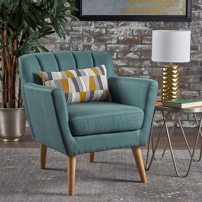 Mid-Century Accent Chairs Modern Upholstered Living Room Chair Cozy Armchair with Wood Legs for Bedroom/Office/Cafe/Living Room (Teal + Linen)