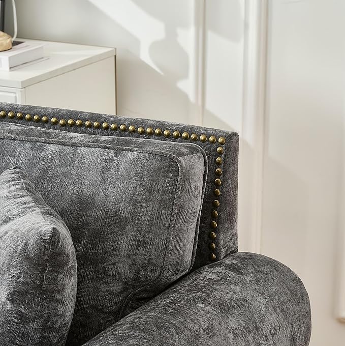 86.5 Chenille Sofa Couch 3-Seater | Modern Chesterfield Sofa with Traditional Rolled Arms Nailhead Trim &amp Solid Wood Frame | Living Room Upholstered Couch | Grey