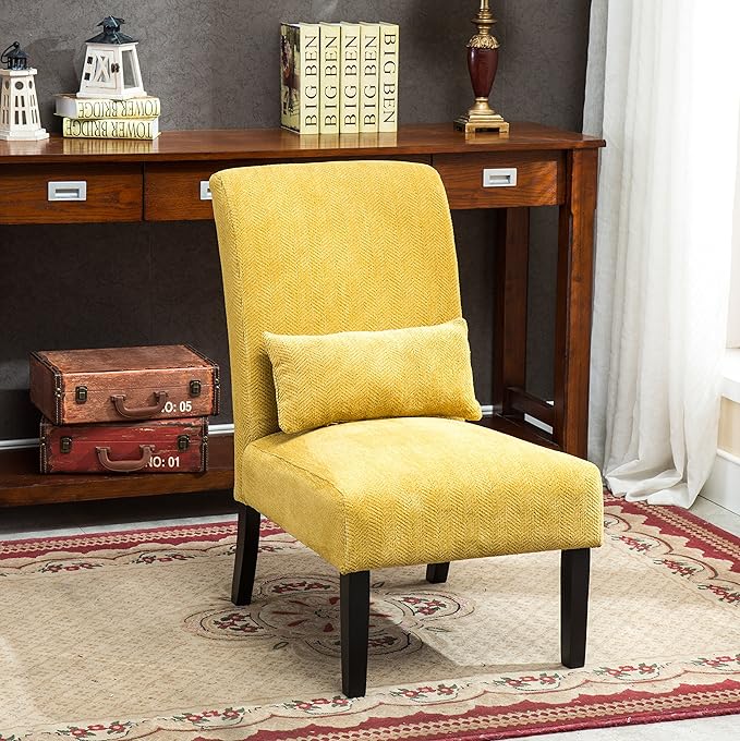 Pisano Contemporary Chenille Accent Chair - Yellow - Armless Deep Seat Comfort Pillow - Modern Bedroom/Living Room Chair