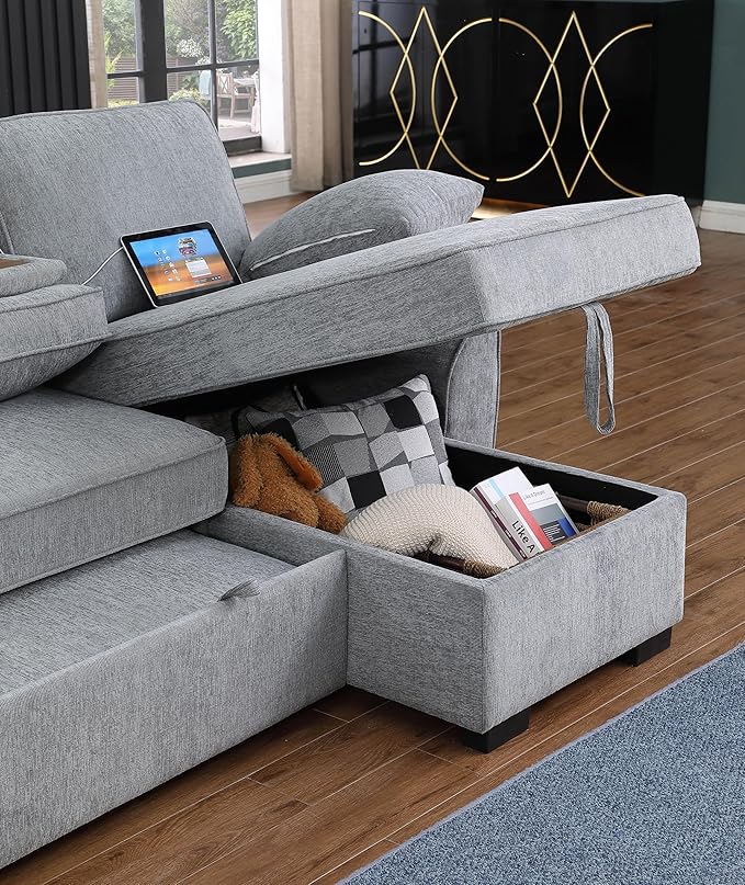 ERYE L-Shaped Pull Out Sleeper Couch Bed Modern Chenille Upholstered Button Tufted Corner Couch Reversible Sectional Sleeper Sofa Bed W/Storage Chaise Cup Holders