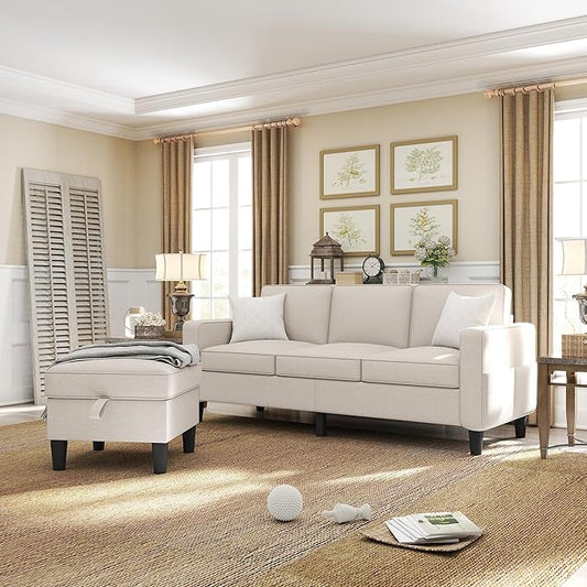 ZeeFu Couch for Living Room - 78'' Beige Linen 3 Seat L-Shaped Sectional Sofa Couches with Storage Ottoman - Modern Small Space Upholstered Furniture Sofa Set for Office Small Space Apartment