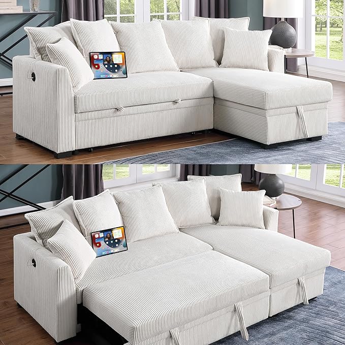 Modern Living Room Corner Convertible Sofabed Corduroy Upholstered Reversible Sleeper Sectional Sofa with 7 Pillow and USB Ports L-Shaped Pull Out Sleep Couch Bed W/Reversible Storage Chaise Daybed