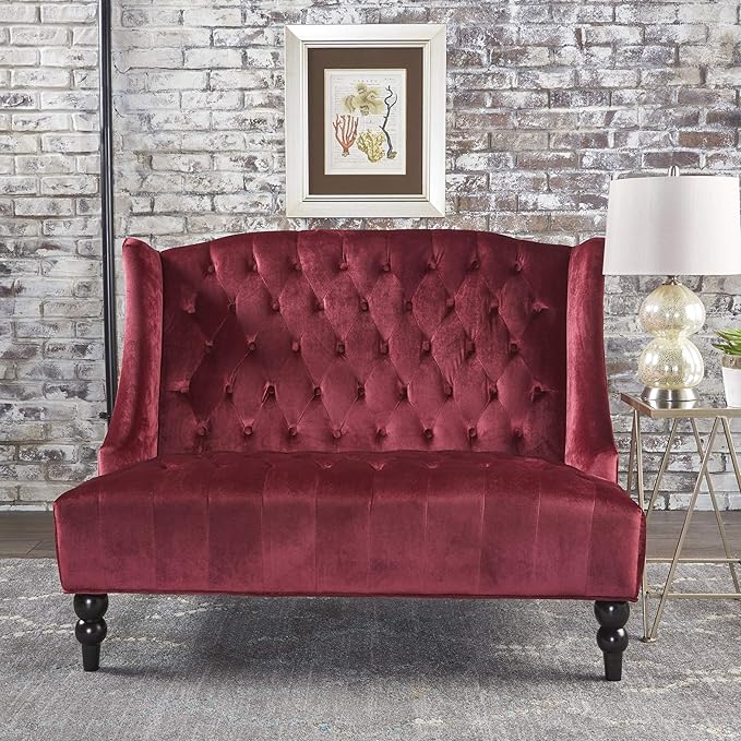 Christopher Knight Home GDFStudio Leona Modern Glam Tufted Velvet Wingback Loveseat Wine and Dark Brown 34.00 ''D x 50.25‘’W x 38.50'' H