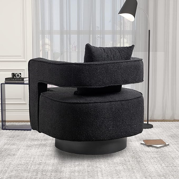 29 W Modern Boucle Swivel Accent Chair Open Back Comfy Sofa Chair with Black Wood Base for Nursery Bedroom Living Room Hotel Office Club Leisure Lounge Chair (Black)