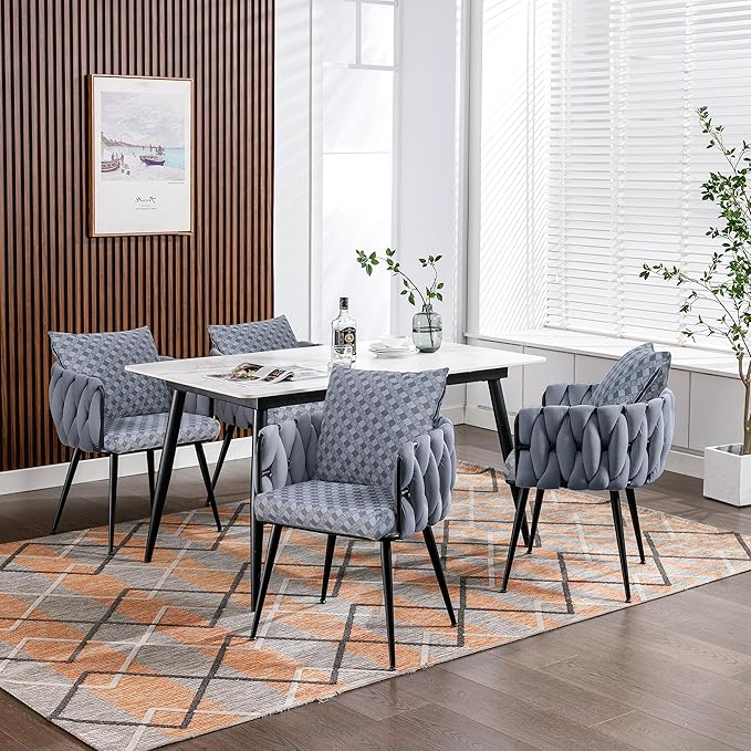 Generic Grey Modern Velvet Dining Chairs Set of 2 Hand Weaving Accent Chairs Living Room Chairs Upholstered Side Chair with Black Metal Legs for Dining Room Kitchen Vanity Living Room