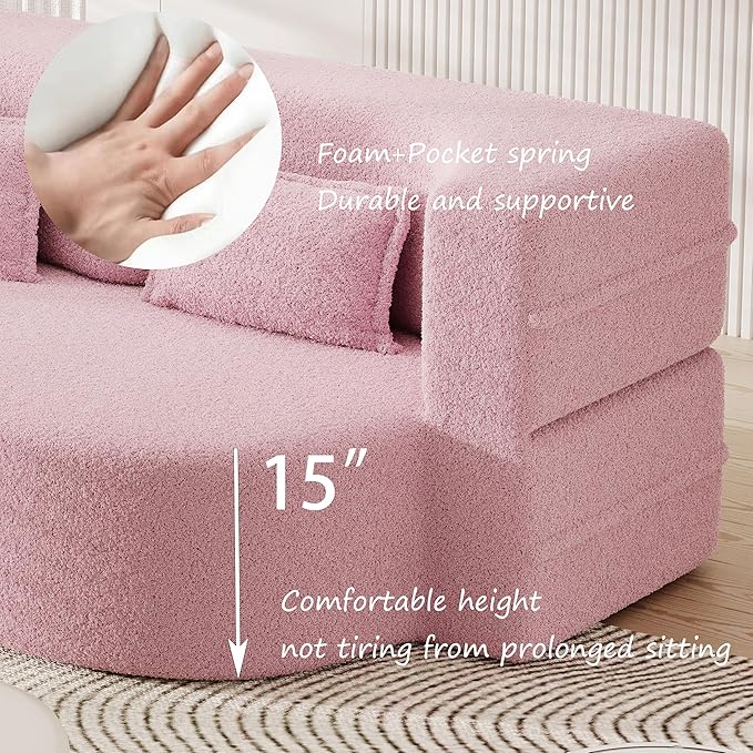 Foldable Sofa Bed2 in 1 Convertible Cloud Loveseat Sleeper Sofa BedTeddy Floor Sofa with 2 PillowsSofas &amp Couches for Living RoomGuest BedPlayroomno Assembly Required Cloud Couch (Pink)