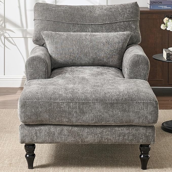 KEIKI Chaise Lounge Chair Indoor Modern Leisure Sleeper Sofa Chair w/Double Deep Cushion Accent Upholstered Reading Side Armchair Recliner Arm Chairs for Living Room &amp Bedroom Easy Assembly G