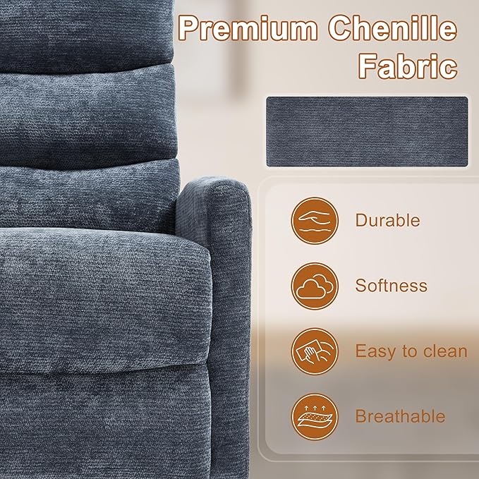 Manual Swivel Rocker Recliner Chair for Adults Overstuffed Reclining Glider Chair for Nursing with Vibration Massage &amp Heat Living Room Rocking Recliner 3-Stage backrest Chenille Fabric Blue