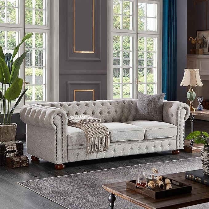 88.5 Upholstered Chesterfield Couch Modern 3 Seater Sofa with Tufted Back and Scrolled Arms Wood Leg Nailhead Sofa for Living Room Office Apartment Small Space Linen Upholstered Gray