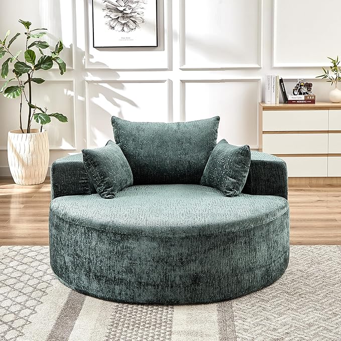 55 Oversized Chaise lounge Chair Indoor Modern Upholstered Deep Seat Wide Armrest Single Floor Circle Round Sofa Chair Sleeper for Small Living Room Bedroom Apartment with Pillow Green Chenille