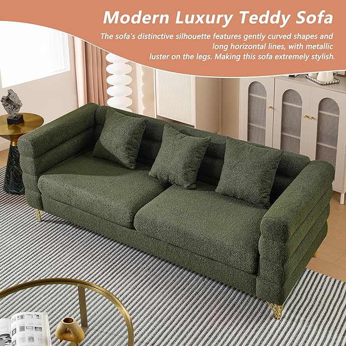 mikibama Modern Teddy Sectional Sofa 81 Inch Oversized Sofa Couch Luxury 3 Seater Deep Couch with 3 Pillows and Gold Metal Legs for Living Room Bedroom Apartment (Green)
