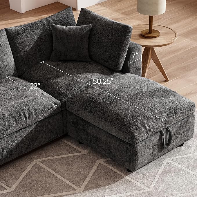 Cloud Modular Sectional Sofa L-Shaped 3-Seat Deep Seat with Storage Ottoman Solid Wood Frame Wide Armrests USB/Type-C &amp Cup Holders Modern Chenille Couch for Living RoomDark Gray