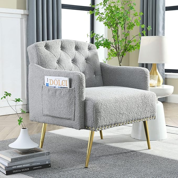30 W Modern Chesterfield Tufted Upholstered Chair with Deep Buttons Living Room Chair Comfortable Armchair Gold Hardware Legs Tufted Chair for Reading or Relaxing Grey Teddy