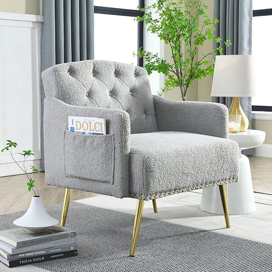 30 W Modern Chesterfield Tufted Upholstered Chair with Deep Buttons Living Room Chair Comfortable Armchair Gold Hardware Legs Tufted Chair for Reading or Relaxing Grey Teddy