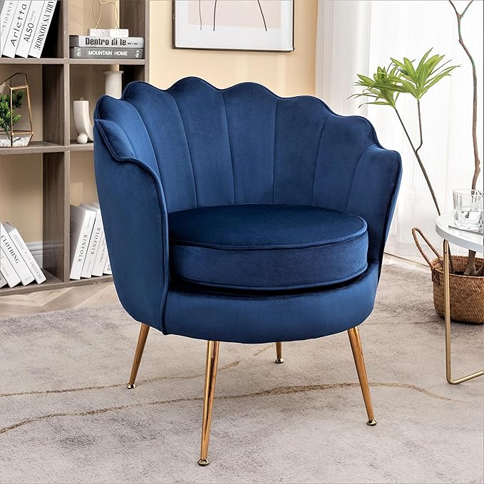 Velvet Barrel Accent Chair with Scalloped Silhouette and Gold Metal Legs Decorative Piece Suitable for Traditional Modern and Contemporary Spaces Navy Blue