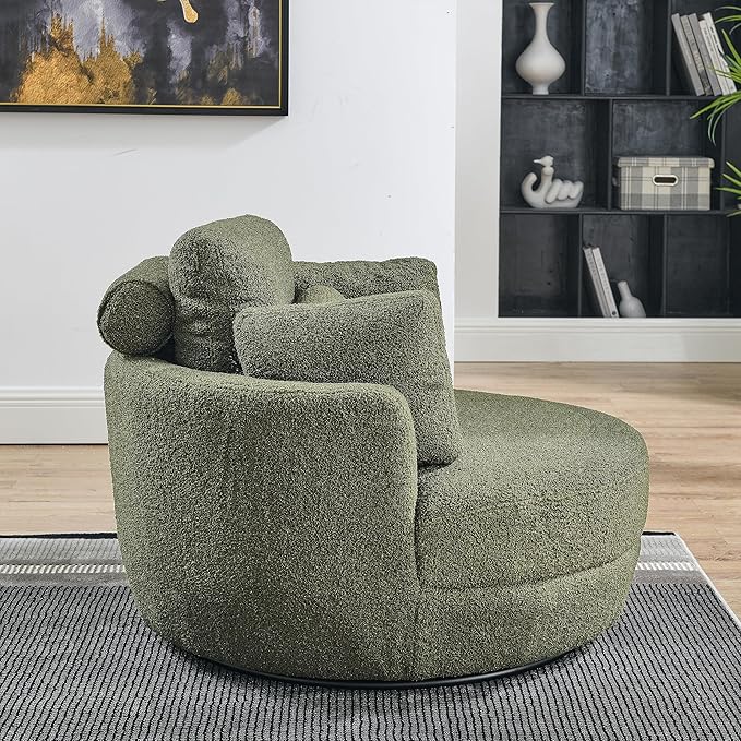 kevinplus Swivel Barrel Chair Accent Chair with Storage Ottoman for Living Room Modern Round Upholstered Single Sofa Couch Chair for Apartment Bedroom Teddy Fabric Green (ø39'' x 30.5'')