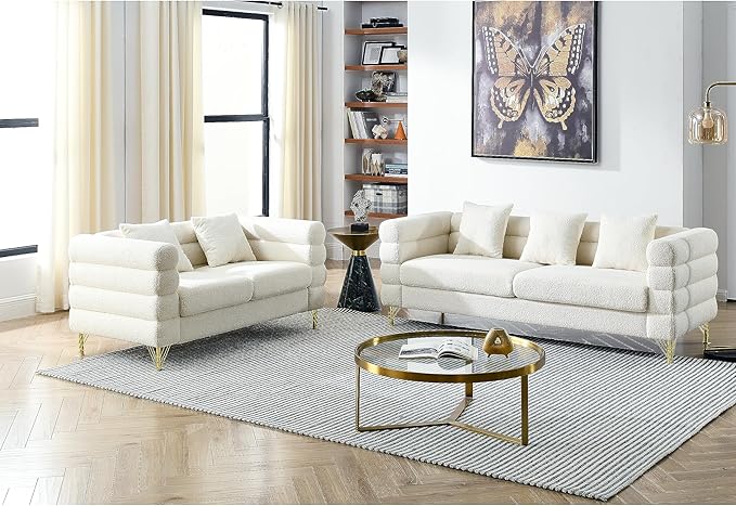 60 W Teddy White Loveseat Sofa Couch with Firm Strcuture &amp Thicken Sponge Comfy Love Seat Couches Sleeper for Living Room Bedroom Small Spaces Mid-Century Modern Furniture