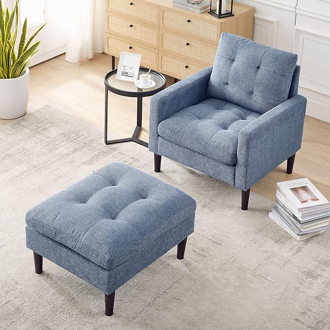 Generic Modern Fabric Single Sofa Chair Living Room Chair Comfortable Armchair with Solid Wood Legs Tufted Chair for Reading or Lounging Blue